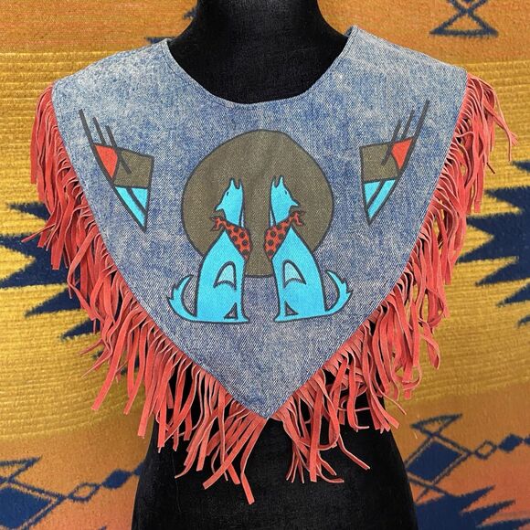 Vintage Pioneer Wear Dickie Western Aztec Leather Denim Fringe Bib. OSFM. USA - Picture 1 of 11